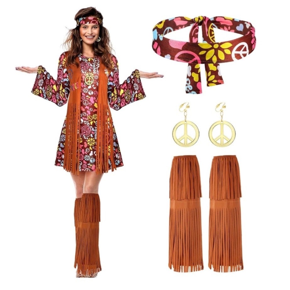 Satinior 70s 60s Hippie Costume Set Women Large Brown Peace Print Excellent